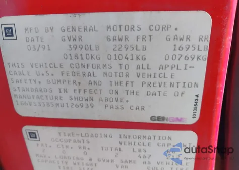 1991 Cadillac Allante z USA, uszkodzony, nr VIN 1G6VS3385MU126939